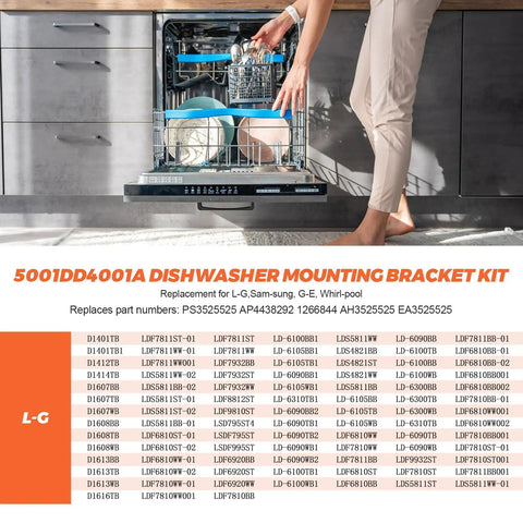 Person loading dishwasher with open door featuring Under Counter Dishwasher Mounting Bracket Kit 2 Pack Replacement Fits LG Samsung GE Whirlpool And More Adjustable Cut To Fit Length For Under Counter Cabinets No Fuss Easy Install 180 Day Warranty