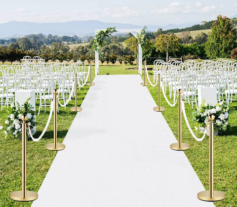 Lux Velvet Stanchion Rope White With Gold Hooks Five Foot Crowd Control Barrier For VIP Parties And Event Decor in garden setting