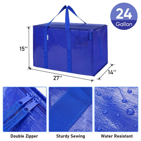 8 Pack Extra Large Moving Bags With Zippers And Carrying Handles, Heavy Duty Waterproof Storage Bags, 27x14x15 Inches, 24 Gallons