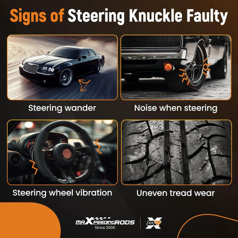 Diagram showing signs of steering knuckle faults: steering wander, noise when steering, steering wheel vibration, uneven tread wear.