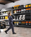 Built Tough Four Tier Metal Storage Shelves Featuring Massive 5000 LB Load Limit And Adjustable Design for garage storage with tire.