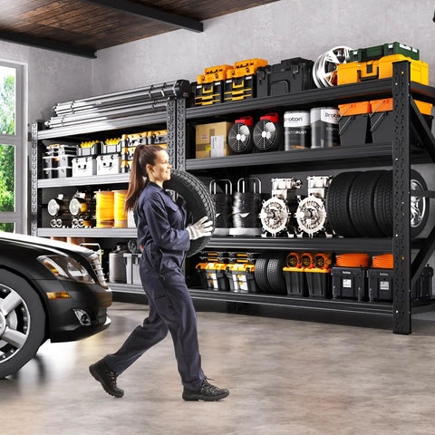 Built Tough Four Tier Metal Storage Shelves Featuring Massive 5000 LB Load Limit And Adjustable Design for garage storage with tire.