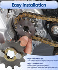 Installing Front Engine Sprocket 420 14T 17mm Bore for 50cc to 160cc dirt bikes, showing 14 tooth gear and chain setup.