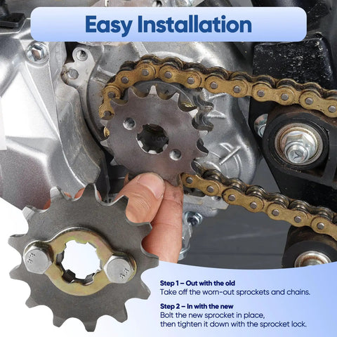 Installing Front Engine Sprocket 420 14T 17mm Bore for 50cc to 160cc dirt bikes, showing 14 tooth gear and chain setup.