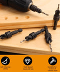 Woodworking Pro Grade Countersink Drill Bit Set 11 Piece With Adjustable Depth And Tapered Countersink Bits in use on wood