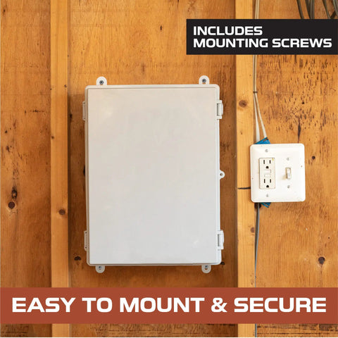 Waterproof Outdoor Junction Box With Mounting Plate And Wall Brackets Tough As Nails Plastic Electrical Enclosure IP65 mounted on wood