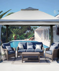 11x11 Pop Up Canopy Tent With Netting And Carry Bag shown as easy setup outdoor gazebo by a pool, spacious blue party shelter with mesh walls for bug protection.