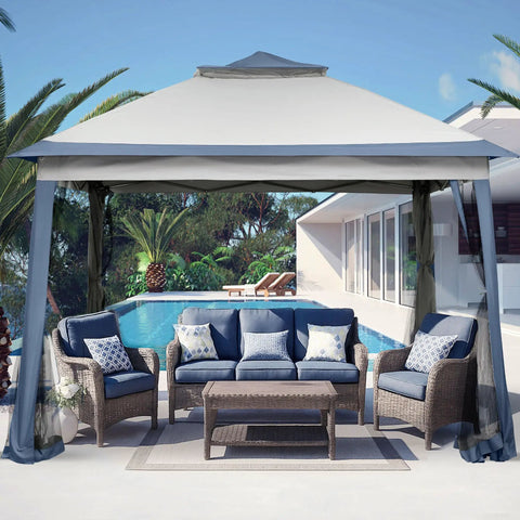 11x11 Pop Up Canopy Tent With Netting And Carry Bag shown as easy setup outdoor gazebo by a pool, spacious blue party shelter with mesh walls for bug protection.
