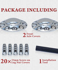 Package includes 2 chrome front axle hubcaps, 20 33mm screw-on lug nut covers, and 1 tool for semi trucks.