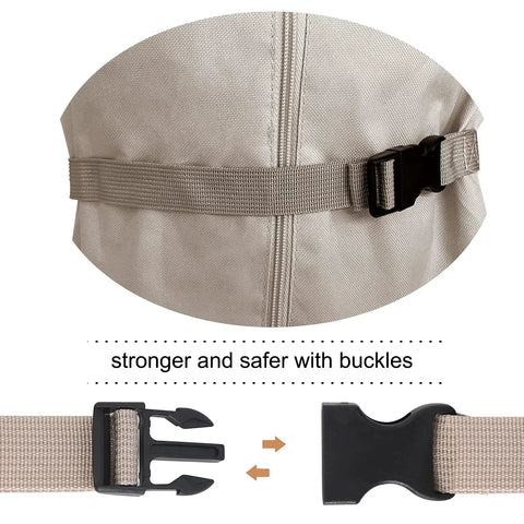 Close-up of buckles on Beefy Heavy Duty 600D Oxford Patio Umbrella Cover Waterproof Fits 7 To 10 Feet Umbrellas, beige material.