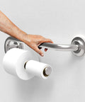 Person using Heavy Duty Bathroom Grab Bar With Toilet Paper Holder, 250Lb Support, 16 Inch Stud Mount, Matte Black Stainless Steel.