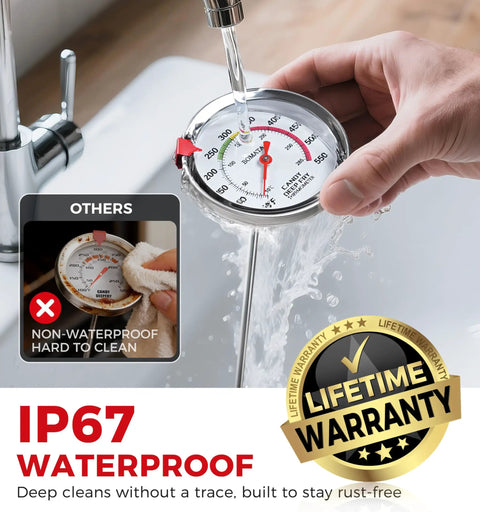 Hands Free Candy Thermometer With Clip Waterproof IP67 2.5 Inch Display NSF Certified Deep Fry Oil Thermometer being washed