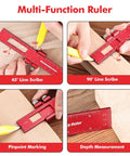 Multi-Function Ruler demonstrating 45° and 90° line scribes, with inch scale, perfect for carpentry layout tasks.