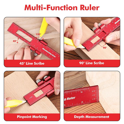 Multi-Function Ruler demonstrating 45° and 90° line scribes, with inch scale, perfect for carpentry layout tasks.