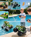 Children playing with 3 In 1 Amphibious RC Car Boat Water Gun with 2.4GHz Remote, waterproof all-terrain monster truck style toy.