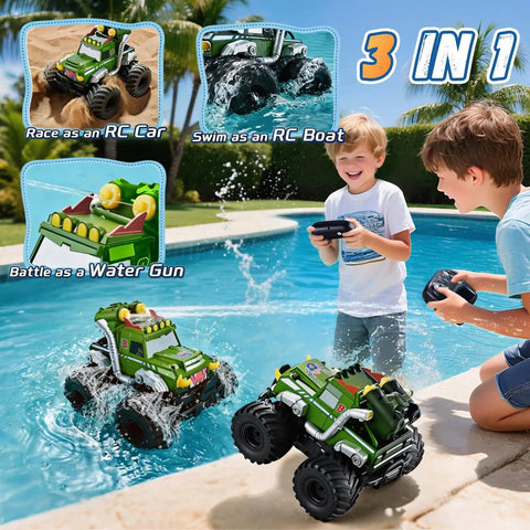 Children playing with 3 In 1 Amphibious RC Car Boat Water Gun with 2.4GHz Remote, waterproof all-terrain monster truck style toy.