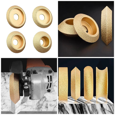 Pro-Grade Diamond Grinding Wheel For Marble And Granite, 20mm Bore, Bevel Edge V-Notch Profile, shown in various uses