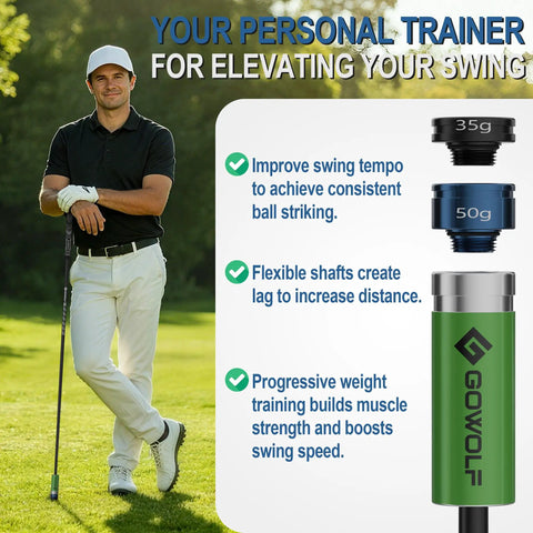 Golfer with Adjustable Weight Golf Swing Trainer With 35g And 50g Weights For Speed Distance And Tempo, carbon fiber shaft shown.