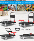 Heavy Duty Flatbed Cart With Wheel Brakes And Foldable Platform Truck demonstrating fast folding and storage options in four angles.