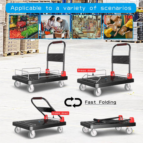 Heavy Duty Flatbed Cart With Wheel Brakes And Foldable Platform Truck demonstrating fast folding and storage options in four angles.