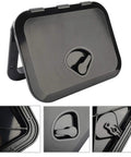 Heavy Duty Black Marine Boat Deck Access Hatch Cover With UV Stabilized ABS Lid angled view showing textured surface and locking mechanism.