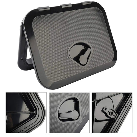 Heavy Duty Black Marine Boat Deck Access Hatch Cover With UV Stabilized ABS Lid angled view showing textured surface and locking mechanism.