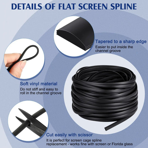 Flat Screen Spline 0.315 Inch Width Vinyl Window Screen Spline With Rolling Tool Black Flat Bottom And Curved Top Edge Repair Kit