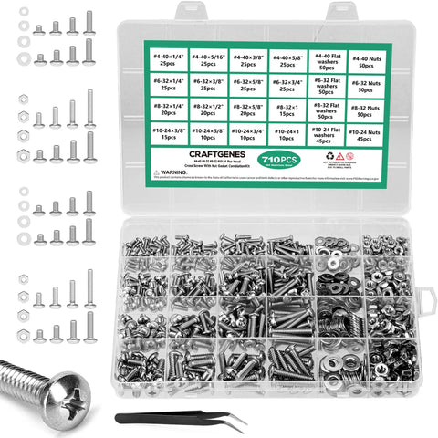 710 Piece Stainless Steel 304 Machine Screws Nuts And Washers Assortment Kit With Case shown organized in labeled box