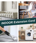 Collage featuring vacuuming, sofa, dining area, and laundry, emphasizing use of 6 Ft Heavy Duty Appliance Extension Cord With Flat Plug 14 Gauge 3 Prong Grounded Cable Ideal For Air Conditioners Refrigerators Microwaves Washers And Dryers Indoor Use Gray.