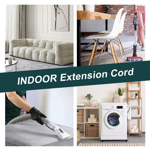 Collage featuring vacuuming, sofa, dining area, and laundry, emphasizing use of 6 Ft Heavy Duty Appliance Extension Cord With Flat Plug 14 Gauge 3 Prong Grounded Cable Ideal For Air Conditioners Refrigerators Microwaves Washers And Dryers Indoor Use Gray.