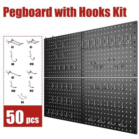 Heavy Duty Metal Pegboard Panels Four Pack With Fifty Hooks For Garage Workshop Office Or Craft Room Rust Resistant Steel Wall Organizer 16 By 12 Inches Tough As Nails Tool Storage For Workbench And More