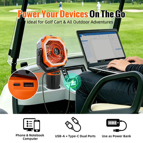 48Hrs Golf Cart Misting Fan 2 In 1 Large Golf Cart And Camping Fan with USB ports in golf cart cup holder next to laptop
