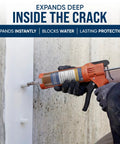Person using DIY Basement Crack Injection Kit For Fast Foundation Repair, Polyurethane Leak Seal System Stops Active Water Leaks In Foundation Walls, Easy No Dig Injection Repair For Home Projects on concrete wall close-up.