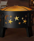26 Inch Outdoor Fire Pit With Grill, Mesh Spark Screen And Poker, Rust Resistant Powder Coated Steel, 4 Leg Stable Design, showing star and moon cutouts.