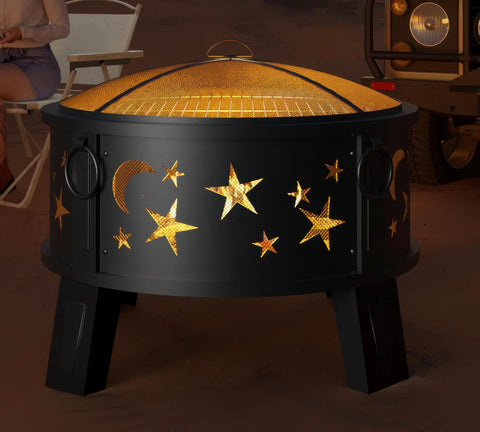 26 Inch Outdoor Fire Pit With Grill, Mesh Spark Screen And Poker, Rust Resistant Powder Coated Steel, 4 Leg Stable Design, showing star and moon cutouts.