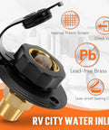 RV City Water Inlet With Check Valve Replacement Lead Free Brass Threads Three Quarter GHT Female And One Half NPT Male Pipe Fittings Water Hose Connector For Campers Trailers And Motorhomes, black cover