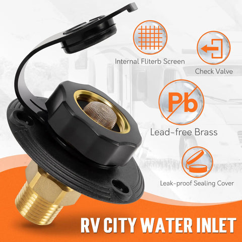 RV City Water Inlet With Check Valve Replacement Lead Free Brass Threads Three Quarter GHT Female And One Half NPT Male Pipe Fittings Water Hose Connector For Campers Trailers And Motorhomes, black cover