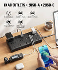 10 Ft Heavy Duty Extension Cord With 13 Hella Spacious Ac Outlets And Dual Usb A Type C Fast Charging Rock Solid Surge Protector Power Strip in use with devices.