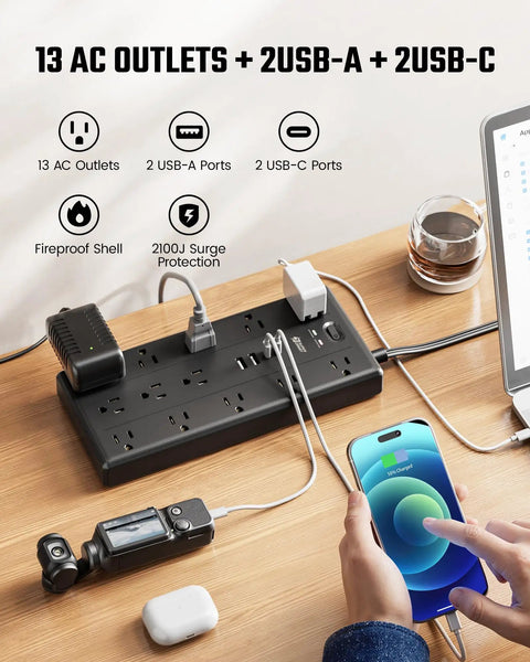 10 Ft Heavy Duty Extension Cord With 13 Hella Spacious Ac Outlets And Dual Usb A Type C Fast Charging Rock Solid Surge Protector Power Strip in use with devices.