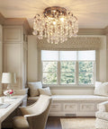 Small Crystal Chandelier Flush Mount Ceiling Light Three Light Modern Sleek Chrome Iron Raindrop Fixture in elegant room