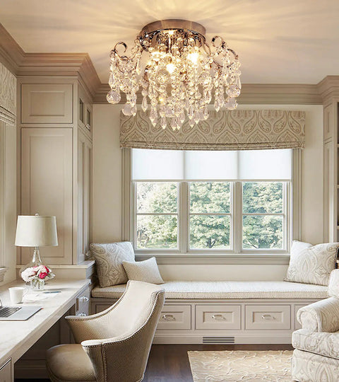 Small Crystal Chandelier Flush Mount Ceiling Light Three Light Modern Sleek Chrome Iron Raindrop Fixture in elegant room