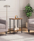 Super Handy End Table With Built In Charging Station And USB Port Type C Outlet For Nightstand Use In Small Spaces Rustic Brown Two Shelf Side Table For Living Room Or Bedroom With Stable Frame shown between two armchairs in a cozy living room setting.