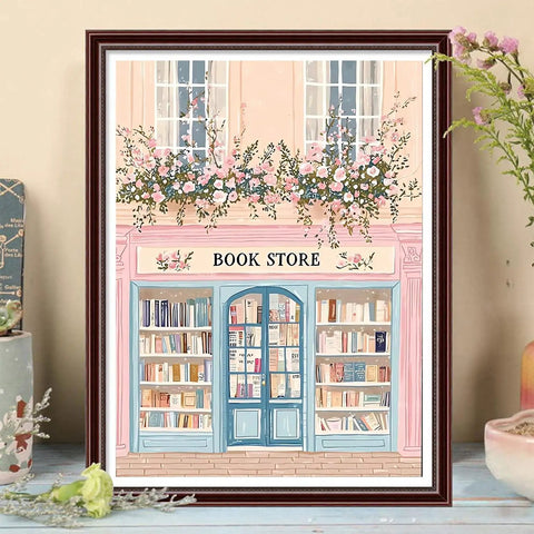 Framed Pink Book Shop Diamond Painting Kit For Adults Dope 5D Full Round Drill Diamond Art Craft Set For Beginners DIY Wall Decor 12X16 Inch