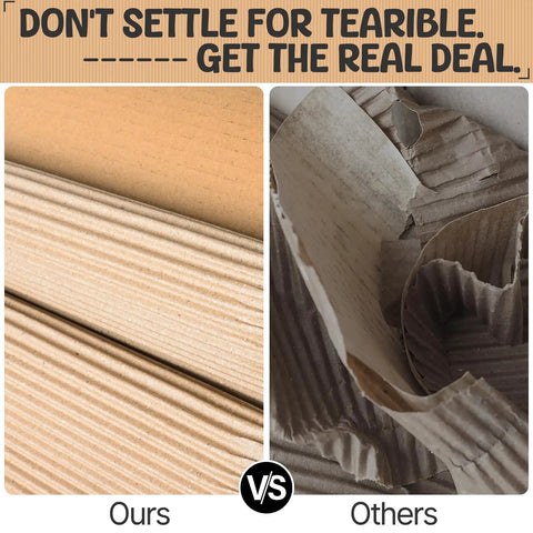 Comparison of Beefy 17 Inch Wide Corrugated Cardboard Roll, 235 Inch Long, B-Flute Packing Paper vs thinner, torn cardboard