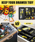 60 Piece Tool Box Organizer Tray Set With 5 Sizes For Easy Drawer And Garage Storage with before and after organization