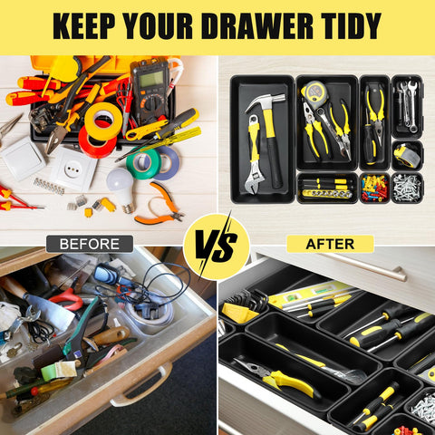 60 Piece Tool Box Organizer Tray Set With 5 Sizes For Easy Drawer And Garage Storage with before and after organization