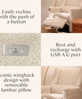 Glider Recliner With USB Charging And Electronic Control For Nursery, 270 Degree Swivel, glides smoothly image showing features