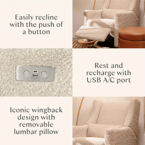 Glider Recliner With USB Charging And Electronic Control For Nursery, 270 Degree Swivel, glides smoothly image showing features