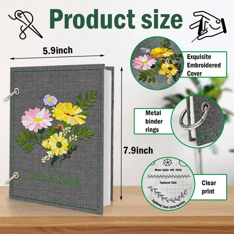 Beginner Embroidery Stitch Book With Detachable Fabric Panels, Complete Tool Kit, DIY Needlepoint Tutorials on table