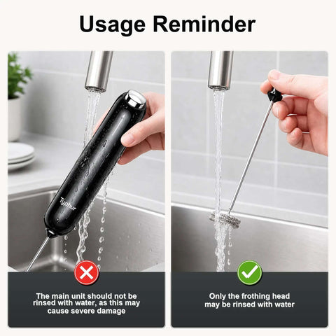 Rechargeable Handheld Coffee Frother Wand Detachable Whisk Mixer For Latte Cappuccino Matcha Protein Shakes Matte Black cleaning instructions.